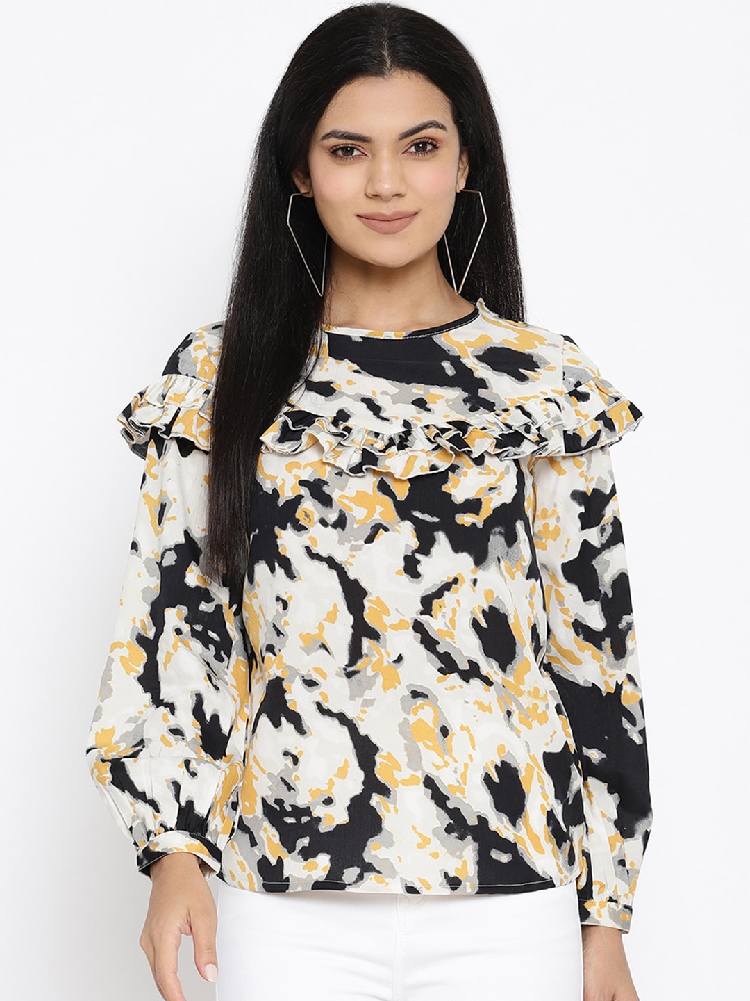 

THREAD MUSTER Off White & Orange Printed Bishop Sleeves Layered Crepe Regular Top