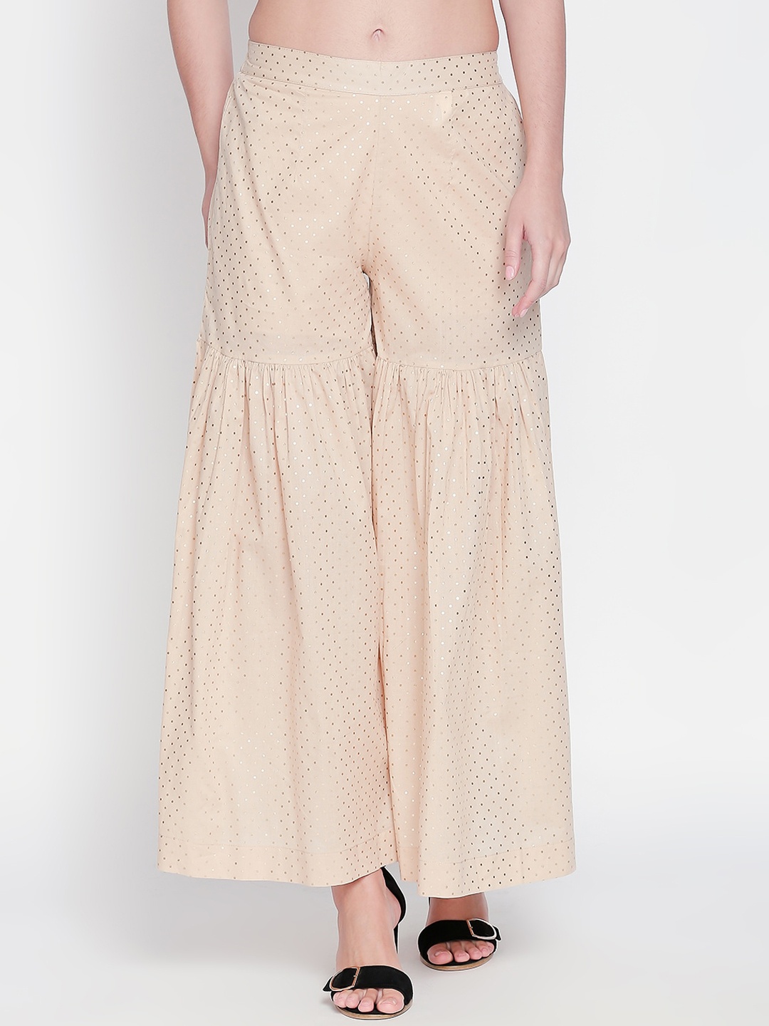 

RANGMANCH BY PANTALOONS Women Beige & Gold-Toned Printed Flared Palazzos