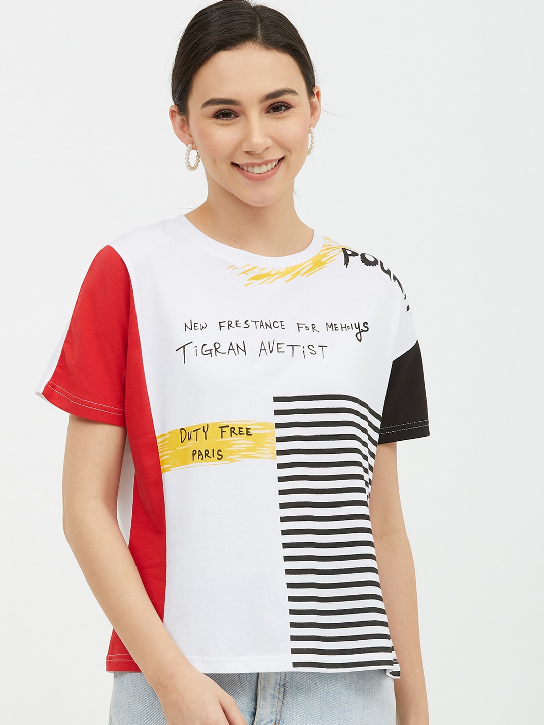 

Harpa Women White Printed Round Neck T-shirt
