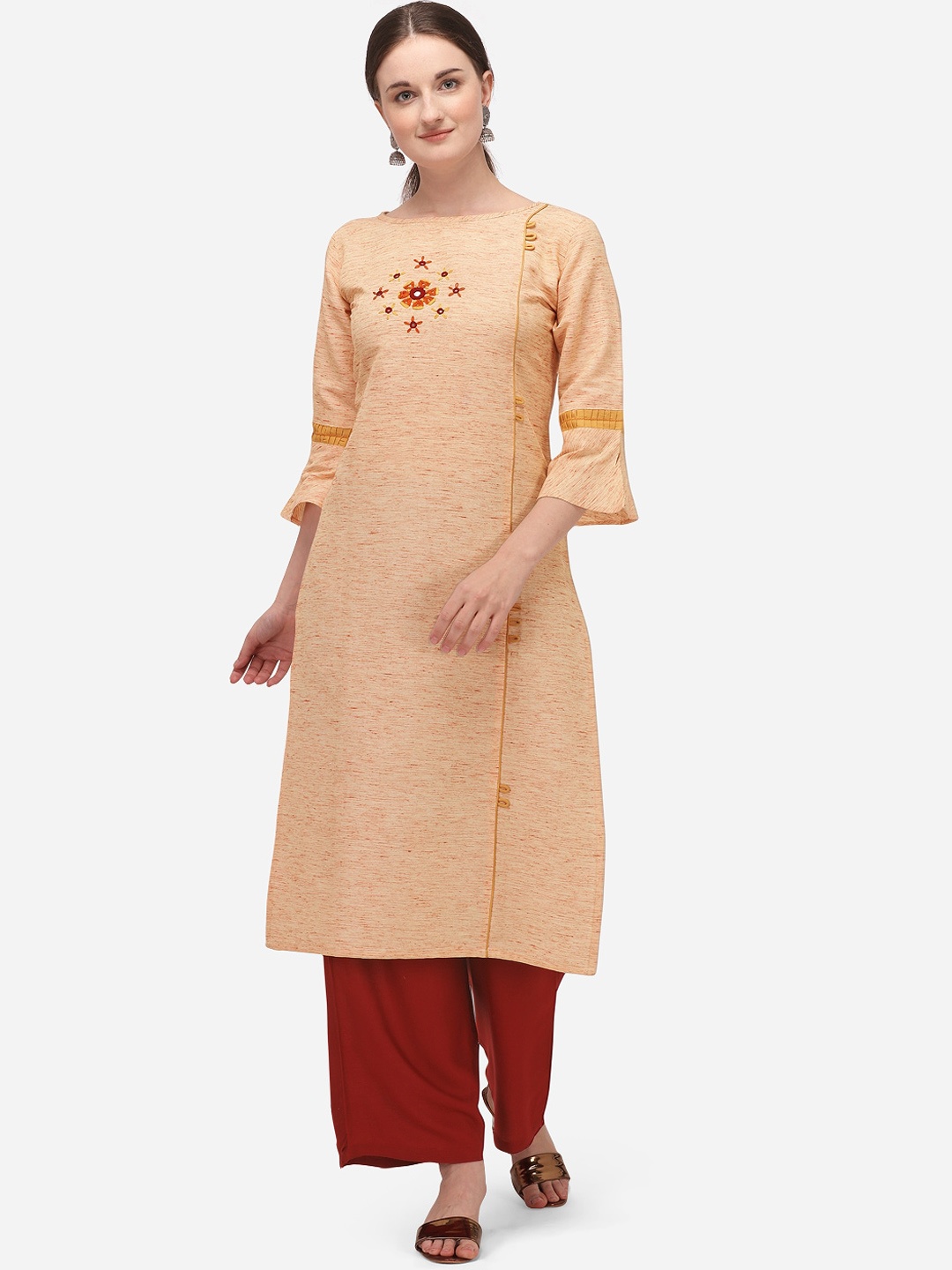 

Youthnic Women Peach-Coloured Bell Sleeves Thread Work Kurta