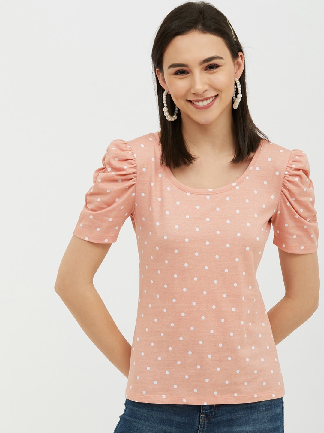 

Harpa Women Peach-Coloured Printed Round Neck T-shirt