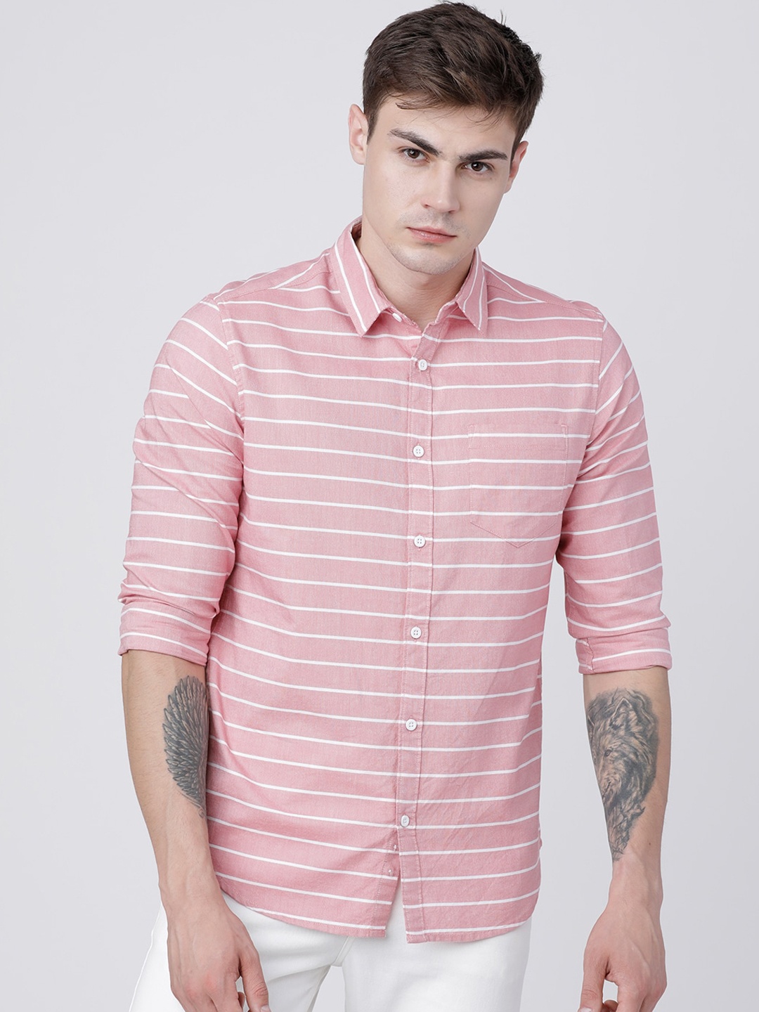 

HIGHLANDER Men Coral Slim Fit Striped Casual Shirt