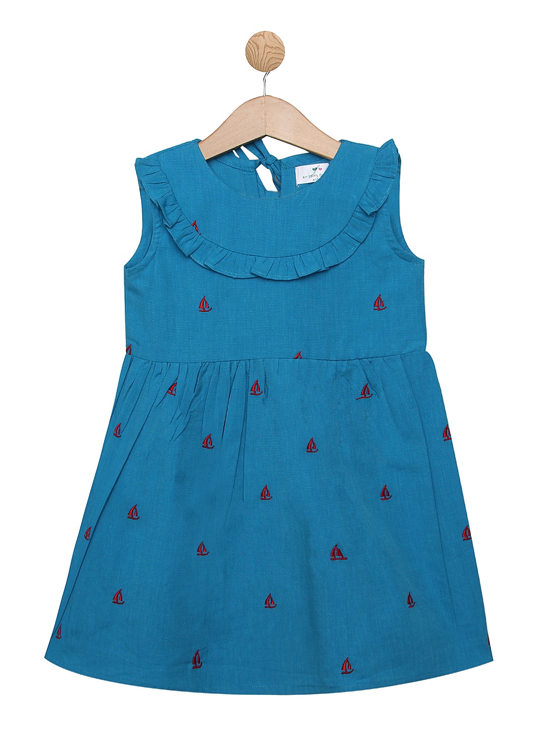 Knitting Doodles Girls Blue Embroidered Fit and Flare Dress