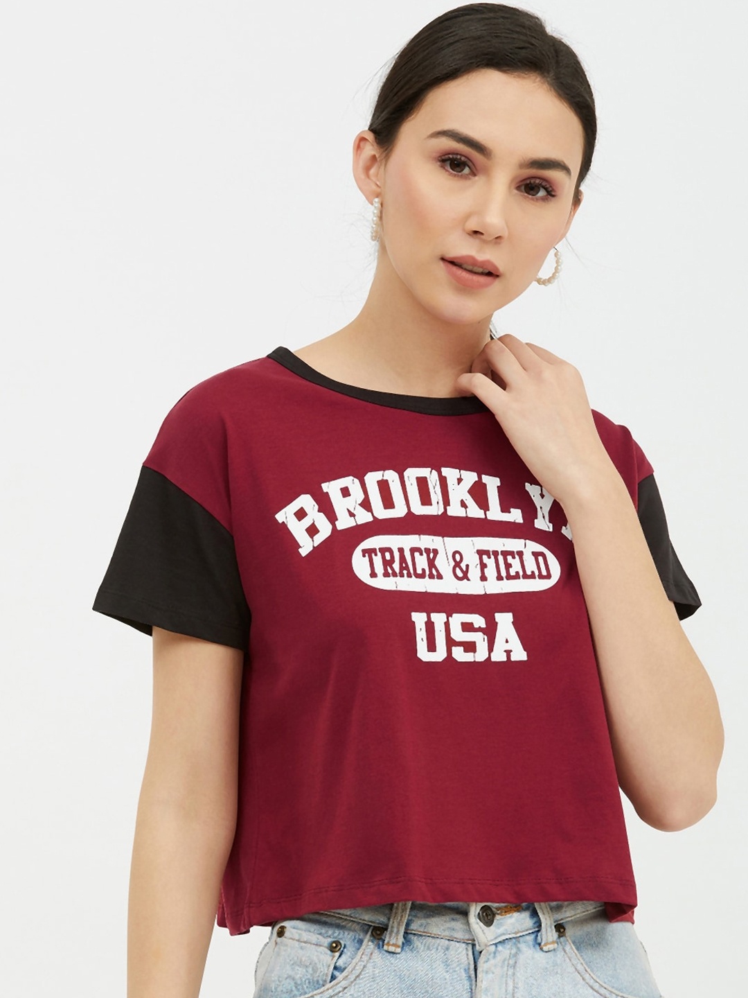 

Harpa Women Maroon White Printed Round Neck Pure Cotton T-shirt