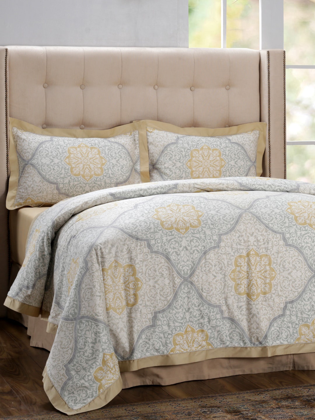 MASPAR Gold-Toned & Blue Printed 300 TC Double King Duvet Cover With 2 Pillow Covers