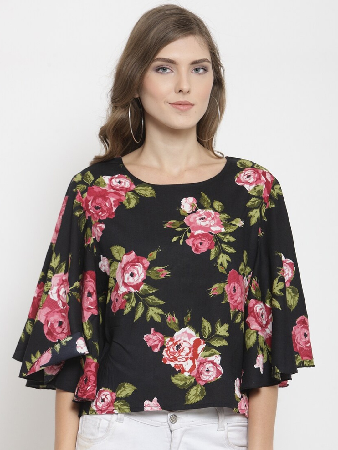 

Purple State Black Floral Printed Kimono Sleeves Regular Top