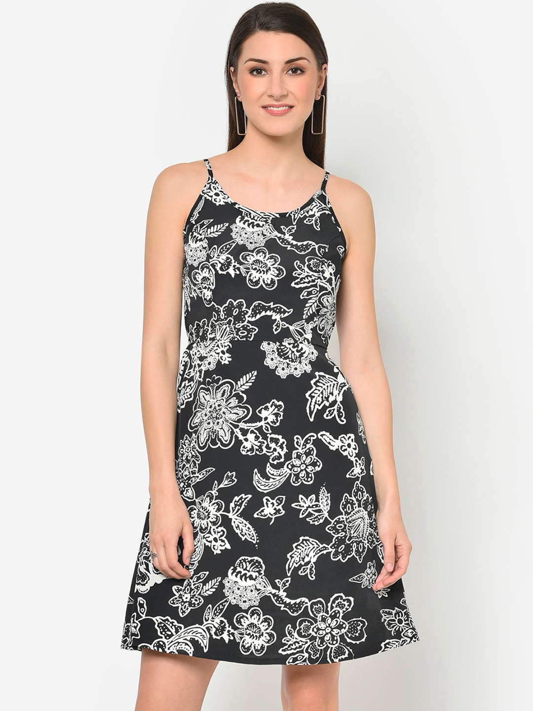 Martini Women Black & White Floral Printed Fit and Flare Dress