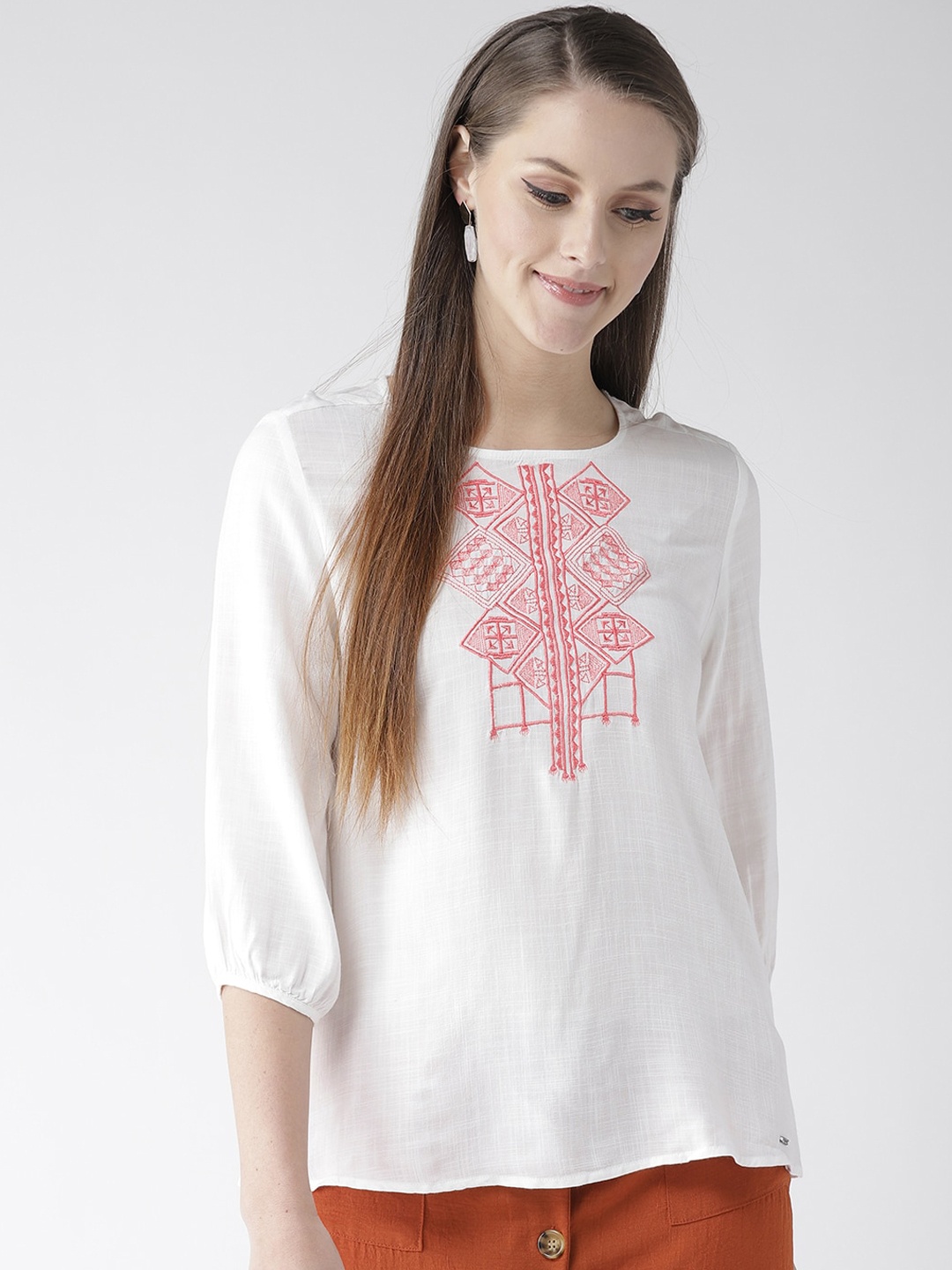 

Xpose White & Red Geometric Embroidered A-Line Top