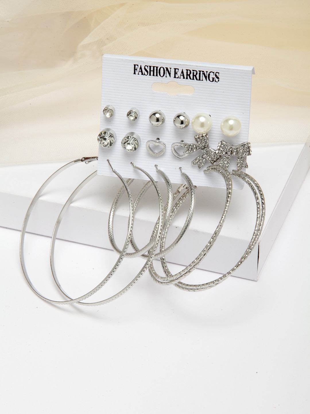 Shining Diva Fashion Set Of 9 Studs Hoop Earrings, Silver