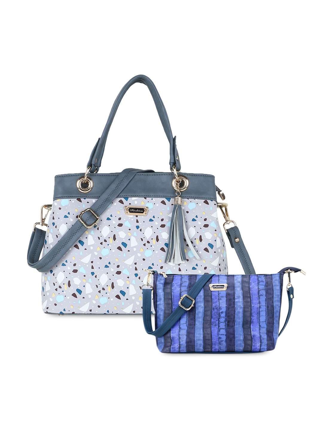 

WOMEN MARKS Grey & Blue Printed Handheld Bag with Pouch