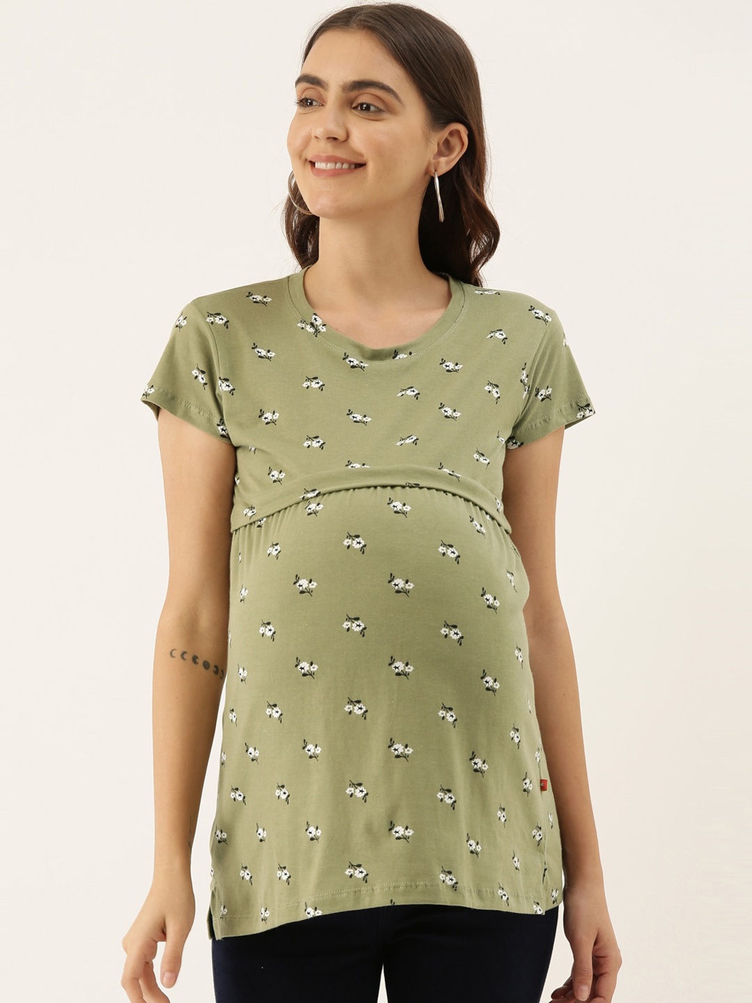 

GOLDSTROMS Women Olive Green & White Printed Maternity Tunic