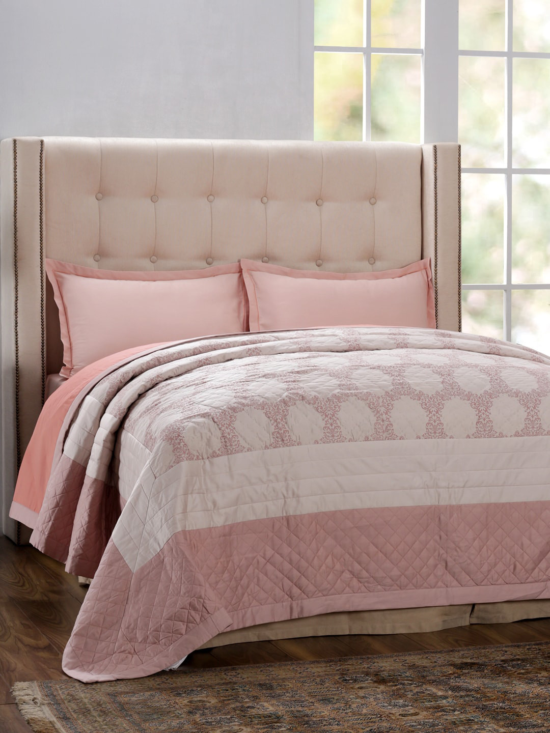 

MASPAR Cream-Coloured & Pink Ethnic Motifs AC Room 110 GSM Double Bed Quilt