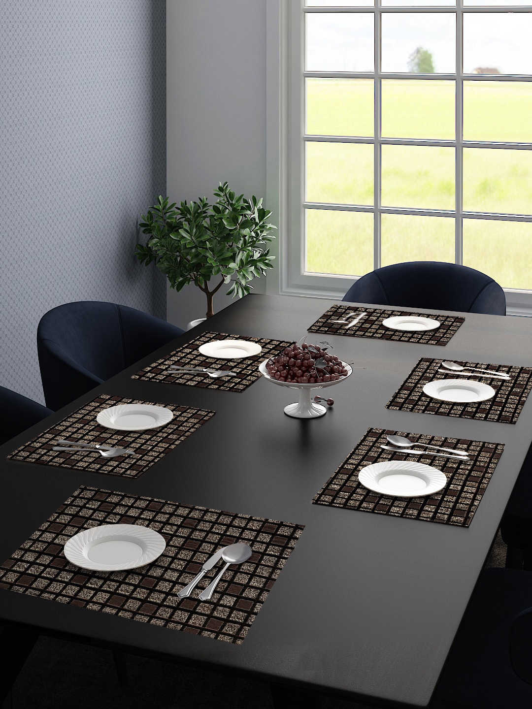 Saral Home Set Of 6 Grey & Black Printed Rectangular Table Placemats