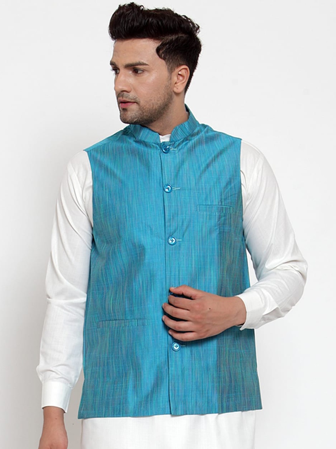

Jompers Men Turquoise Blue Woven Design Cotton Nehru Jacket