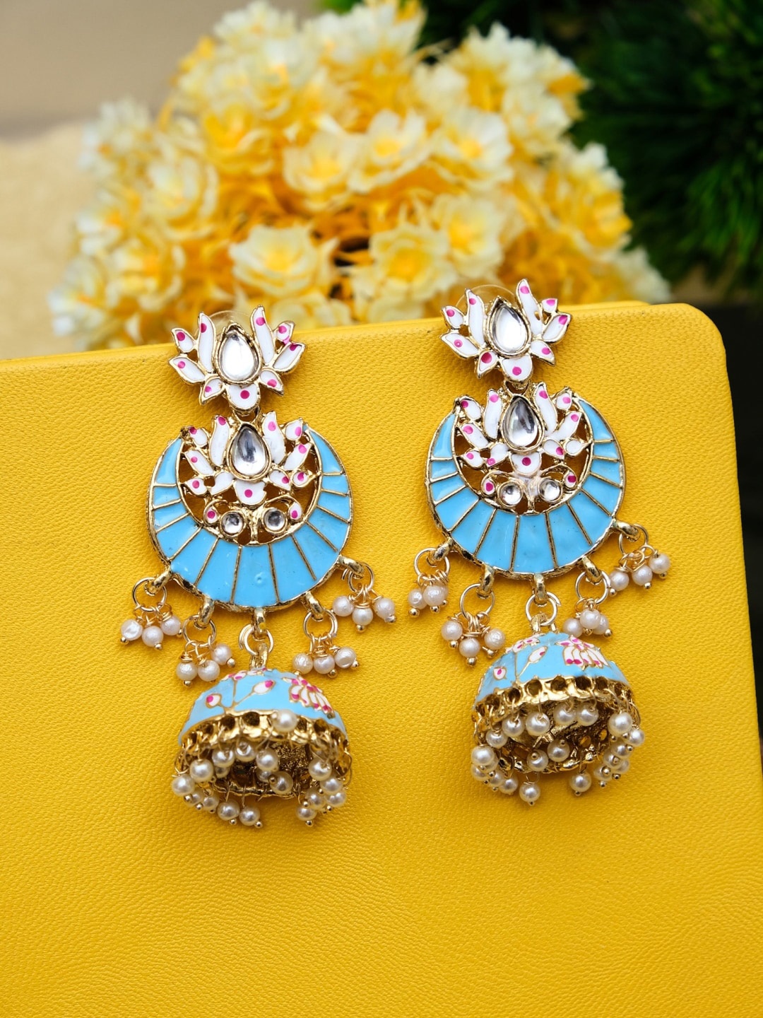 

Crunchy Fashion Blue Gold-Plated Contemporary Jhumkas