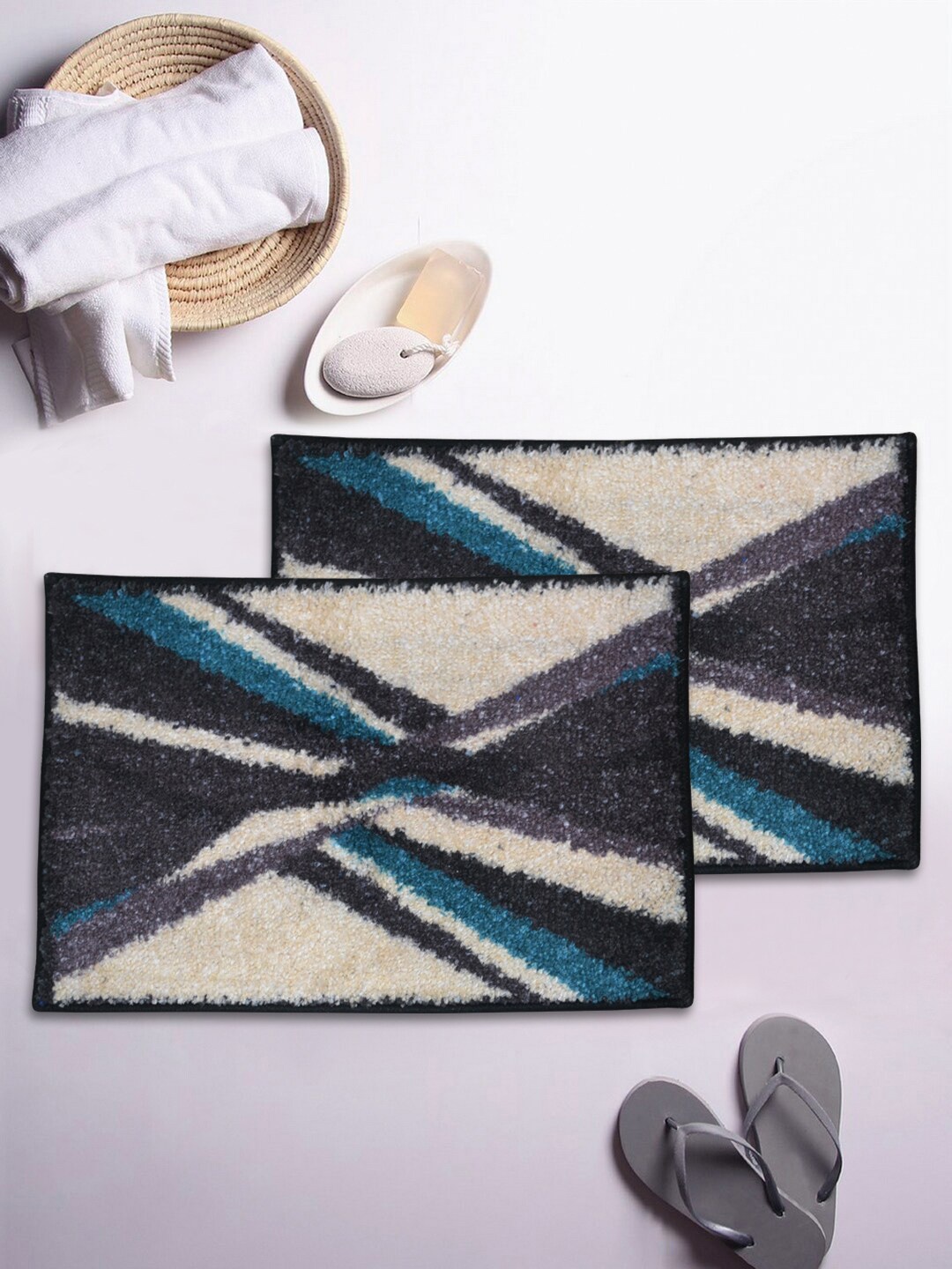 

BIANCA Set of 2 Printed Anti-Skid Rectangular Bath Rugs, Blue