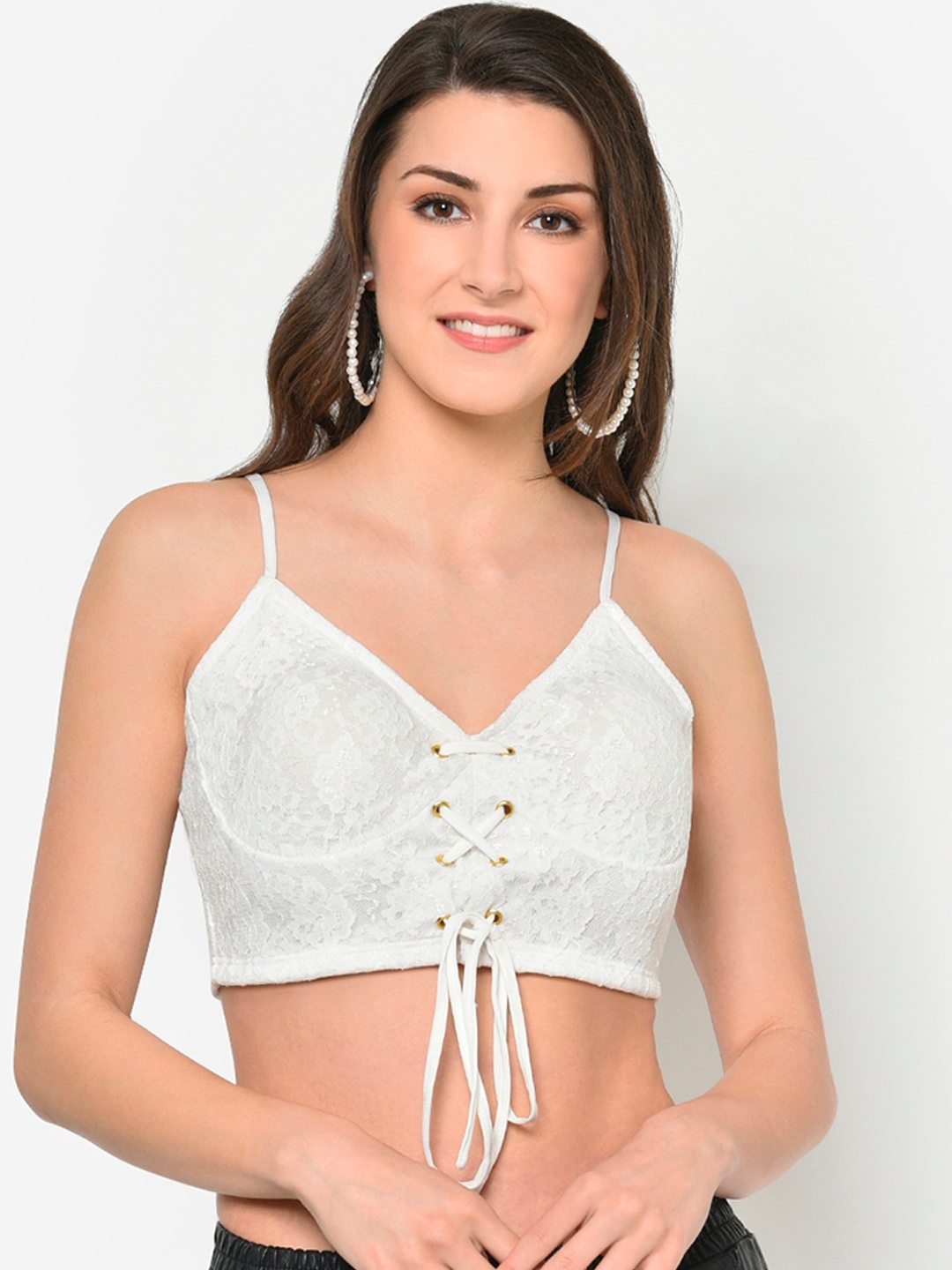 

Martini White Self Design Floral Lace Bralette Crop Top