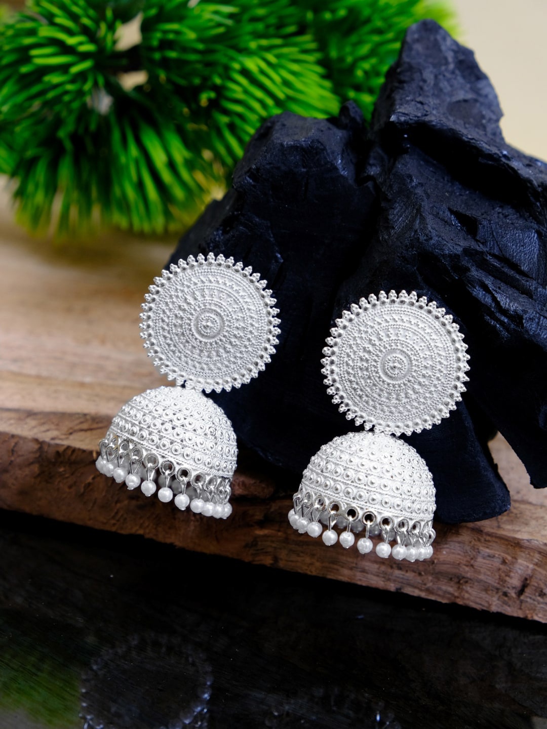 

Crunchy Fashion White & Silver-Toned Dome Shaped Jhumkas