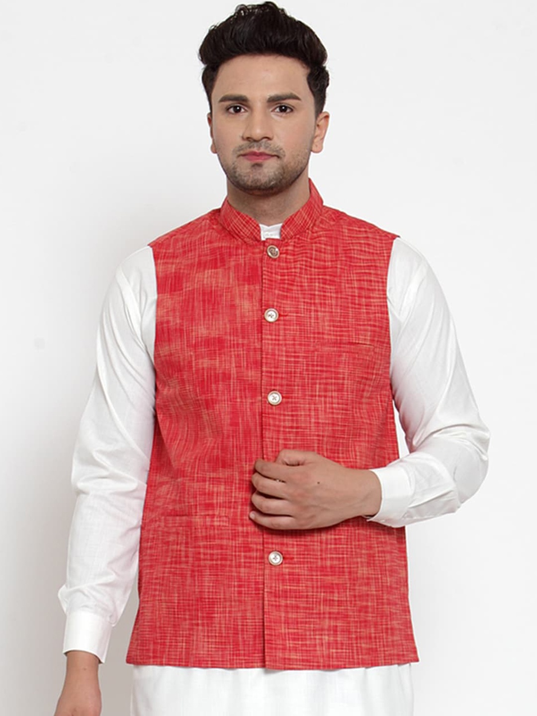 

Jompers Men Red Woven Design Cotton Nehru Jacket