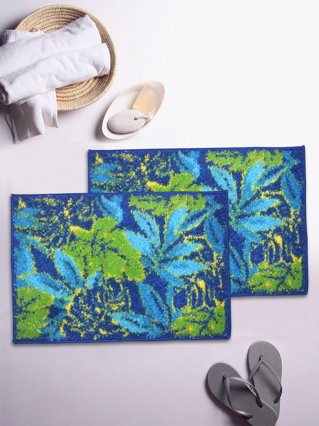 

BIANCA Set Of 2 Blue & Green Printed 1850 GSM Anti-Skid Bath Rugs