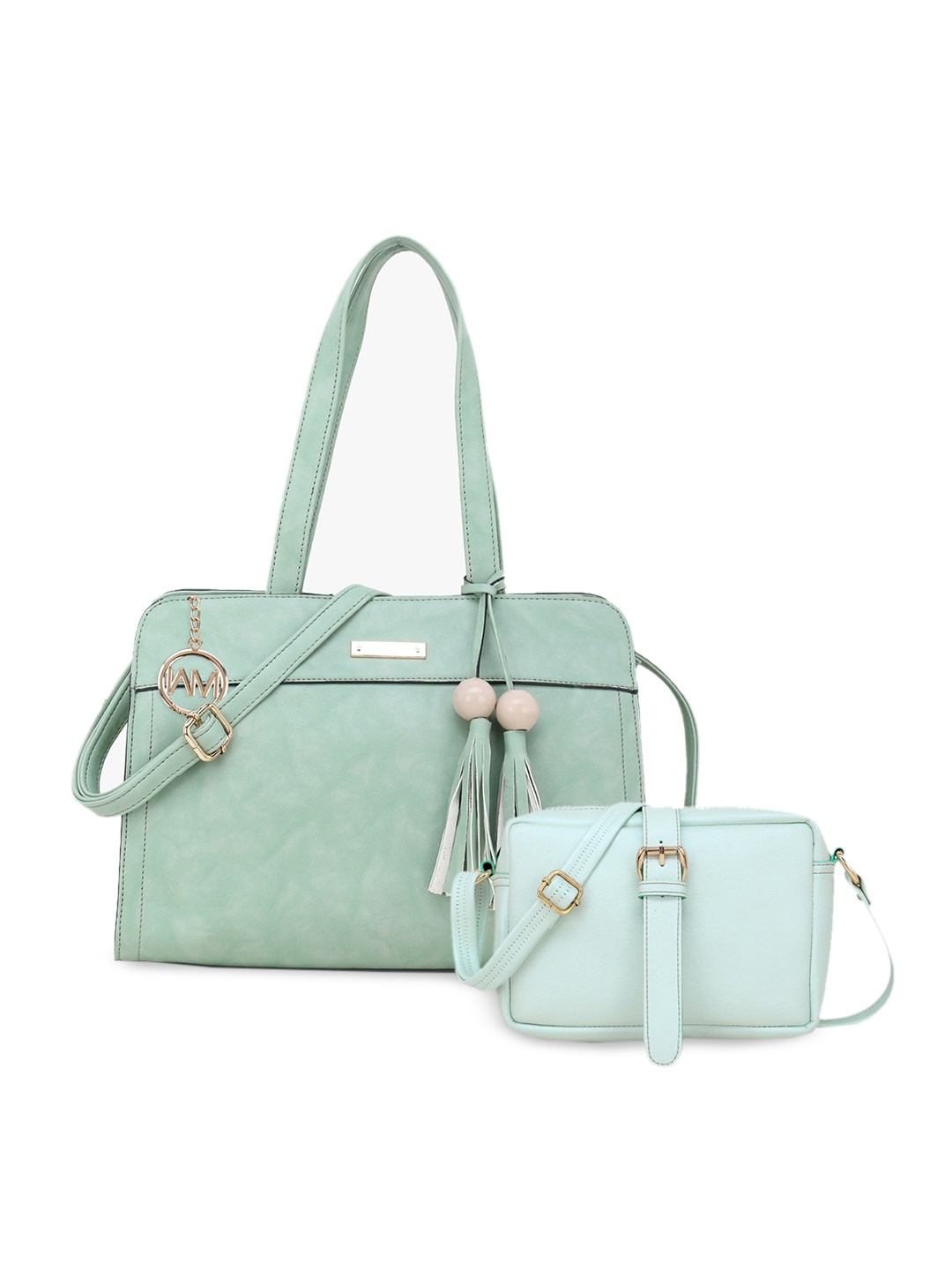 

WOMEN MARKS Green Solid Handheld Bag with Pouch