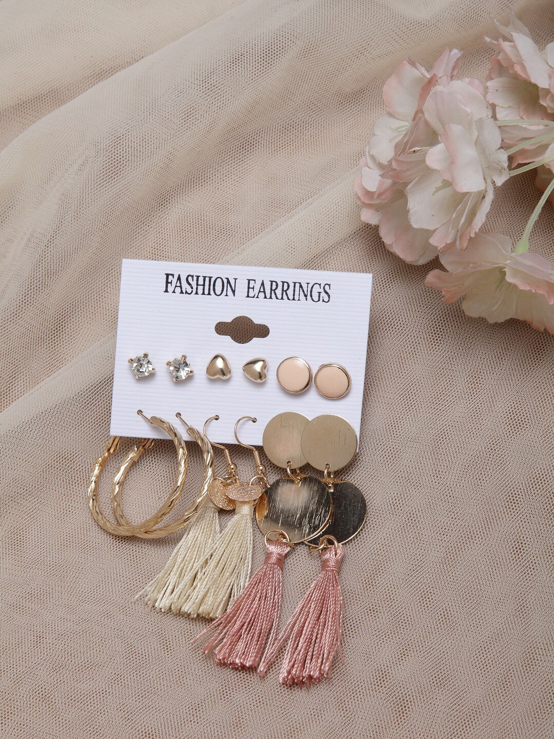 

Shining Diva Fashion Set Of 6 Studs Tassel Earrings, Gold