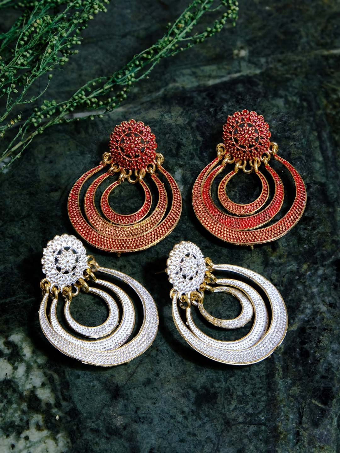 

Crunchy Fashion Set Of 2 Gold-Plated & White Crescent Shaped Chandbalis