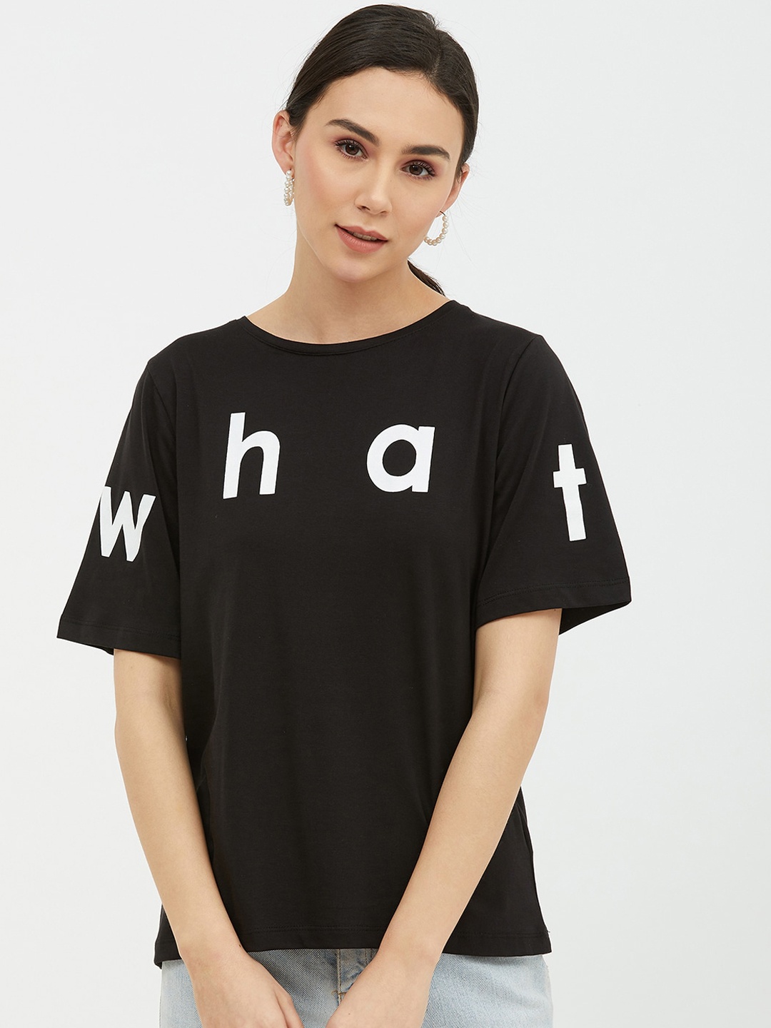 

Harpa Women Black Printed Round Neck Cotton Pure Cotton T-shirt