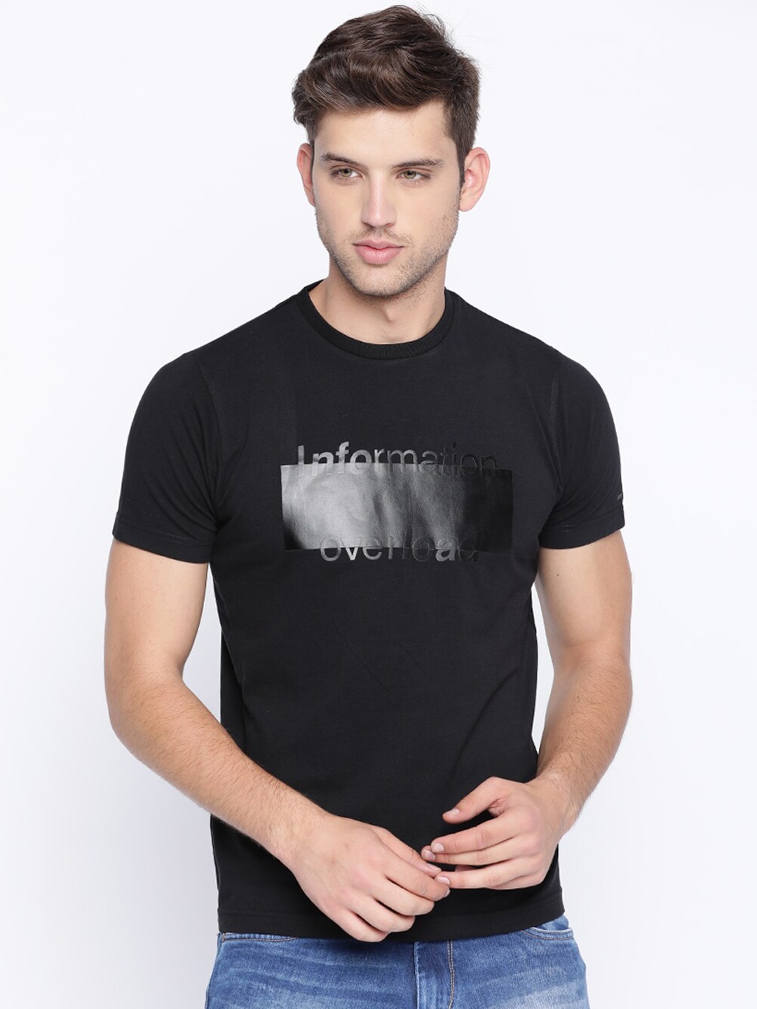 

Basics Men Black Solid Round Neck T-shirt