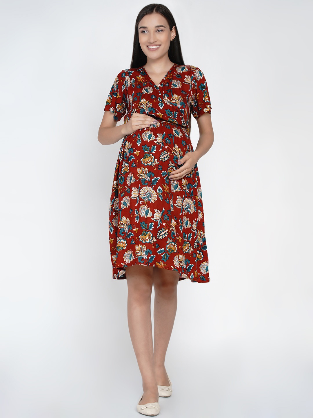 

Mine4Nine Women Maroon Floral Printed Wrap Maternity Dress