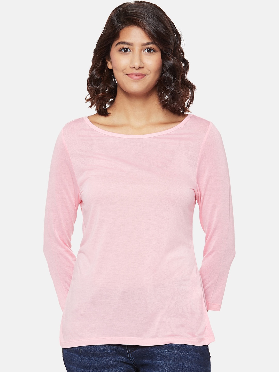 

People Women Pink Solid Boat Neck T-shirt