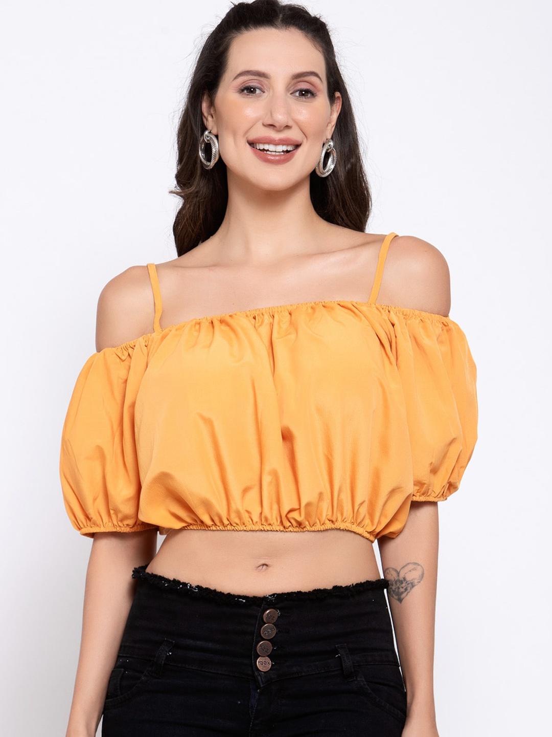

iki chic Orange Cold-Shoulder Sleeves Net Bardot Crop Top