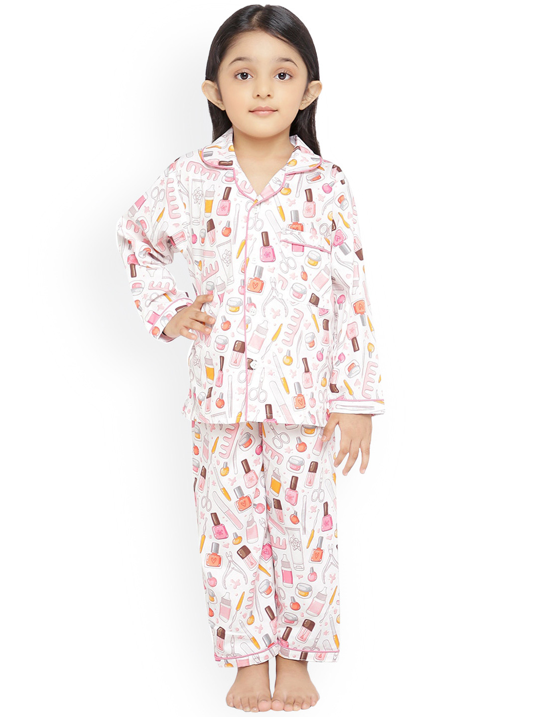 

Knitting Doodles Unisex Kids Pink & White Printed Night suit