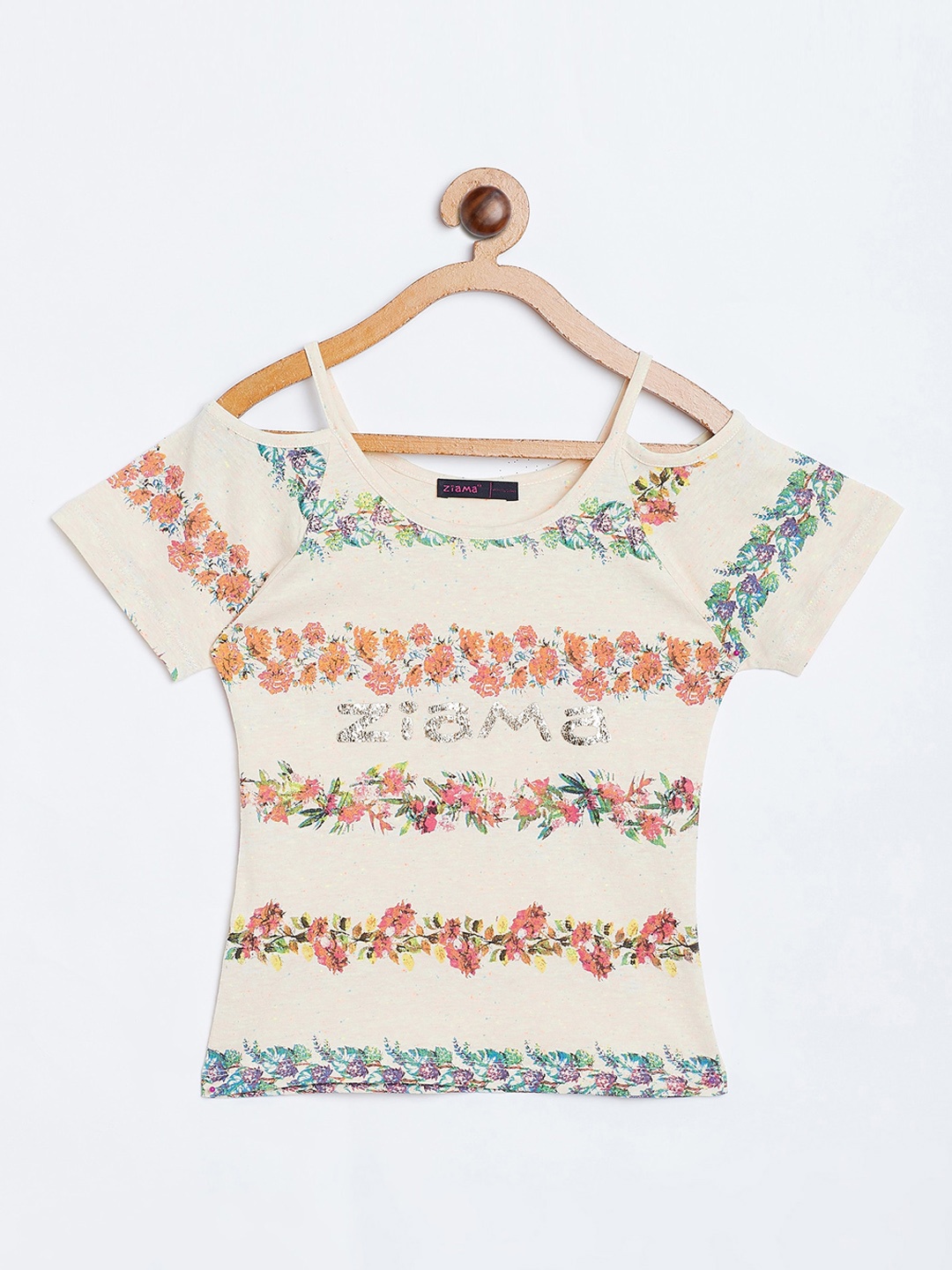 

Ziama Girls Beige Floral Printed Regular Top