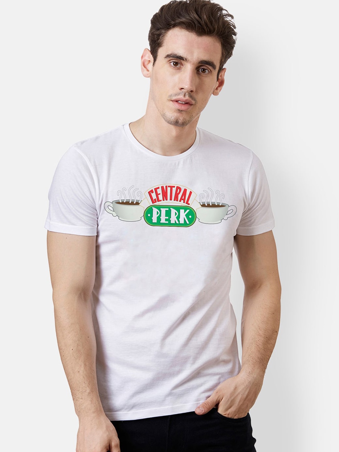 

Free Authority Men White Printed Round Neck Friends T-shirt