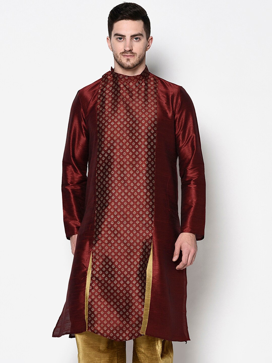 

DEYANN Men Maroon Dupion Silk Printed Kurta
