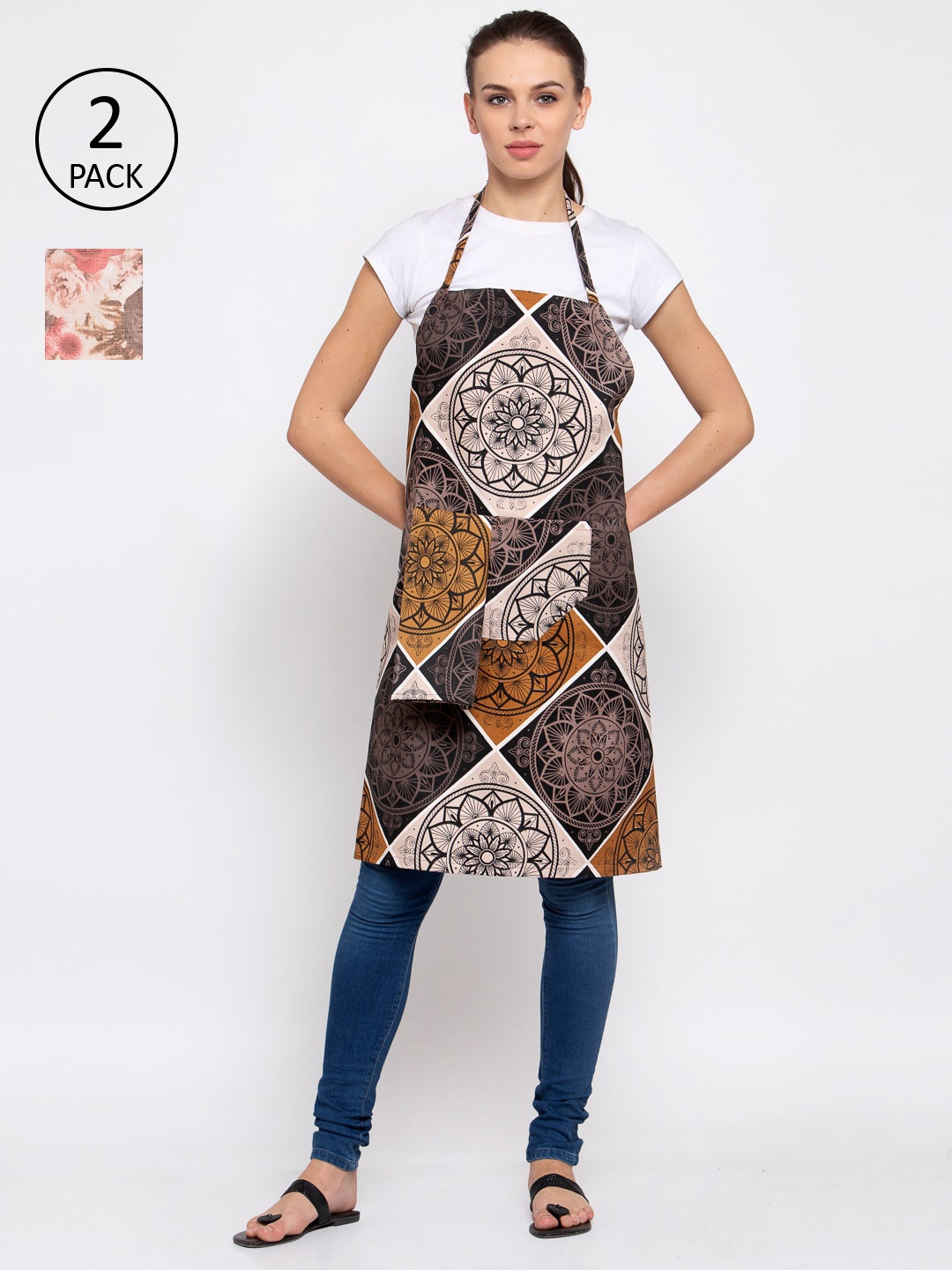 KLOTTHE Unisex Pack Of 2 Cotton Printed 210 TC Aprons, Beige