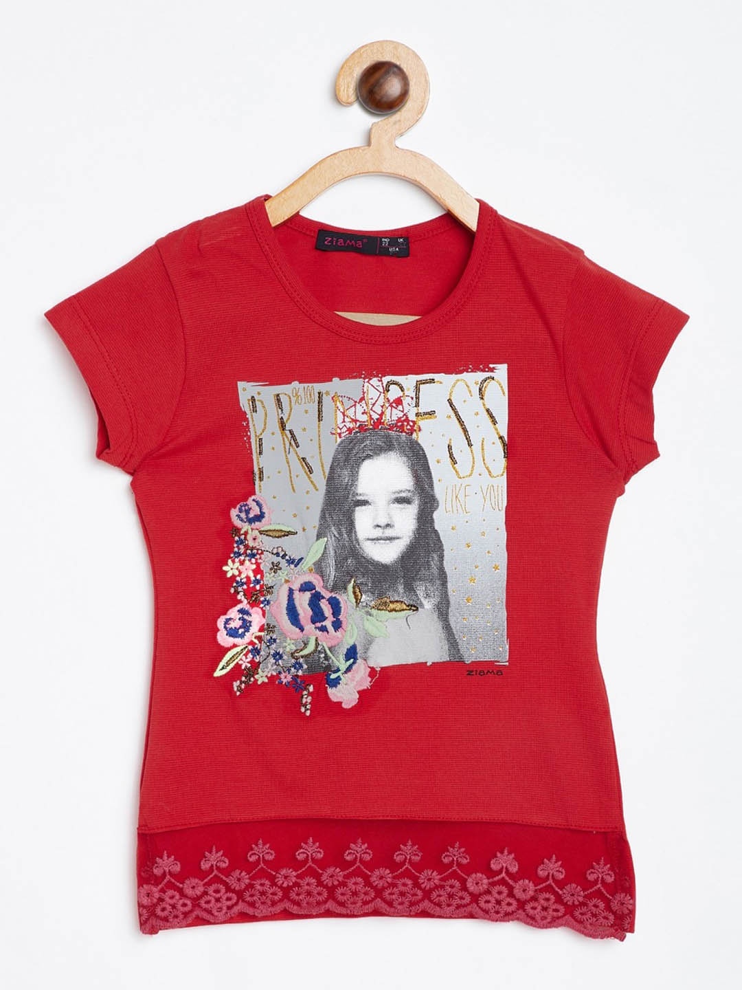 

Ziama Red Printed Round Neck Regular Top