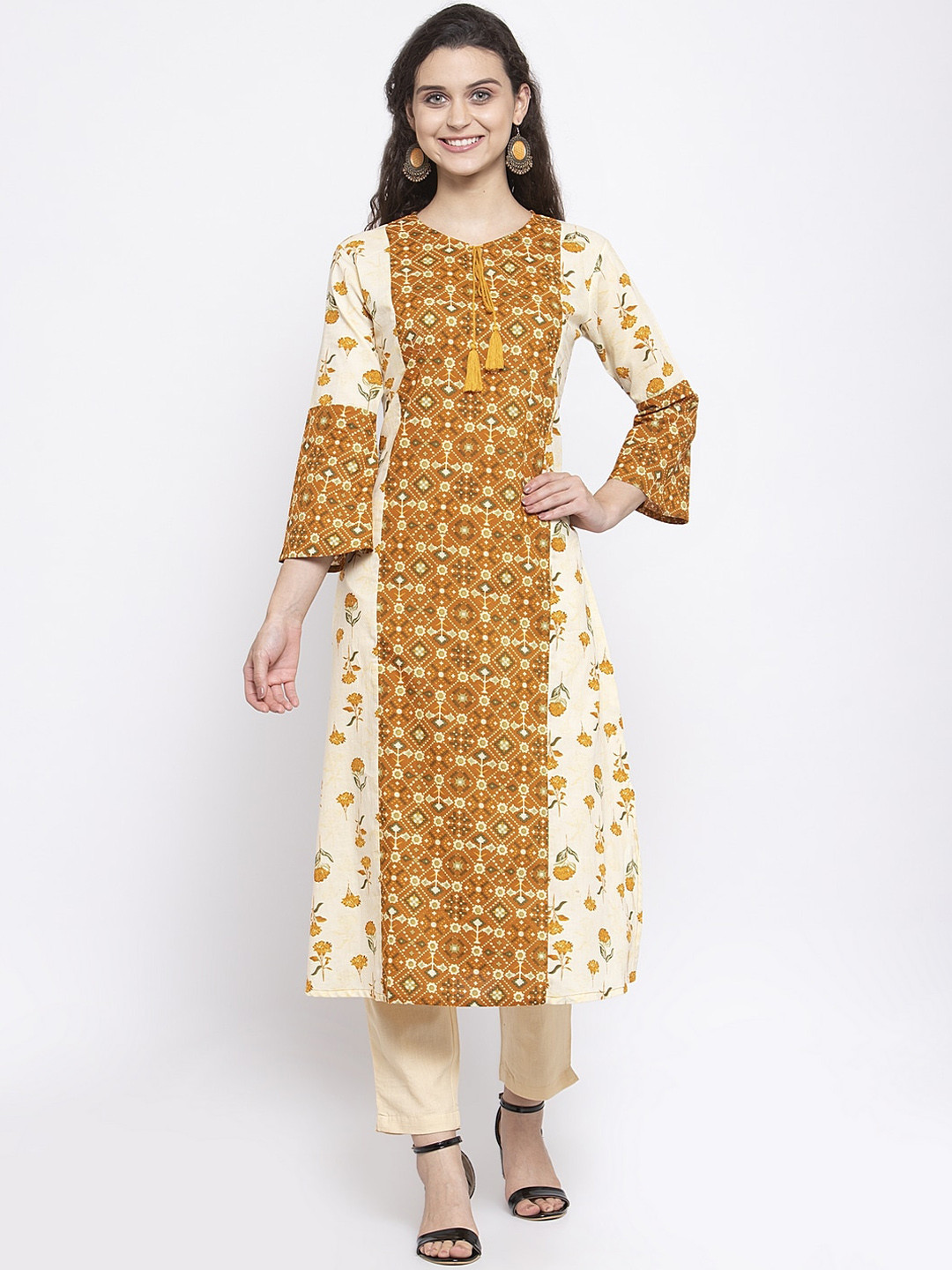 

Indibelle Women Mustard Geometric Embroidered Keyhole Neck Flared Sleeves Sequins Kurta