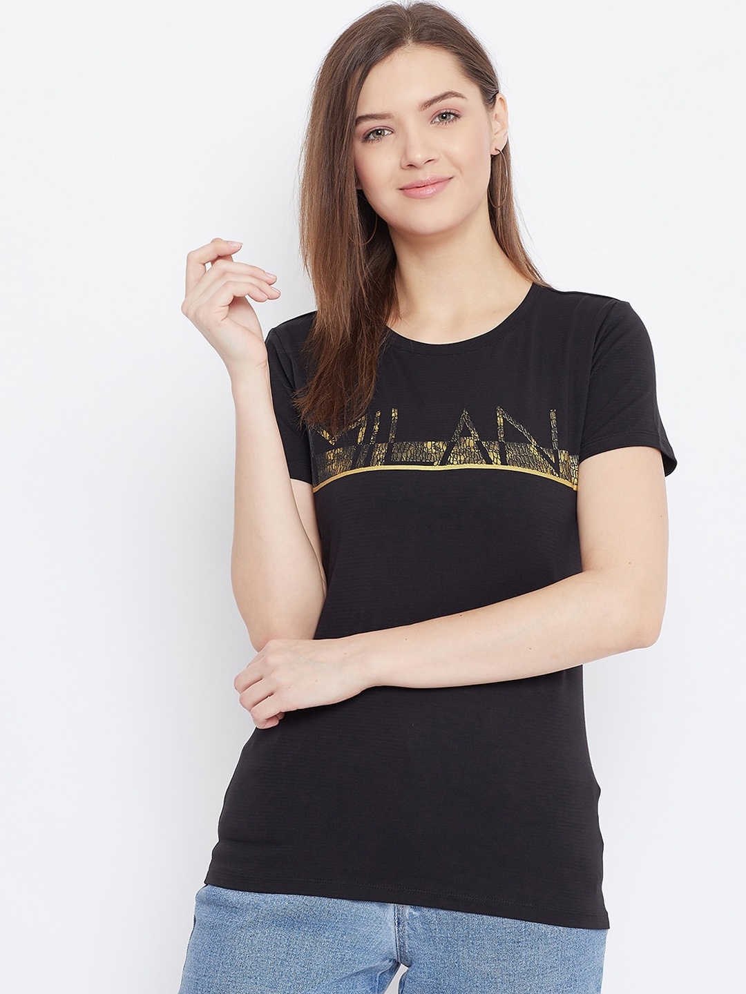 

Bishop Cotton Women Black Printed Round Neck T-shirt