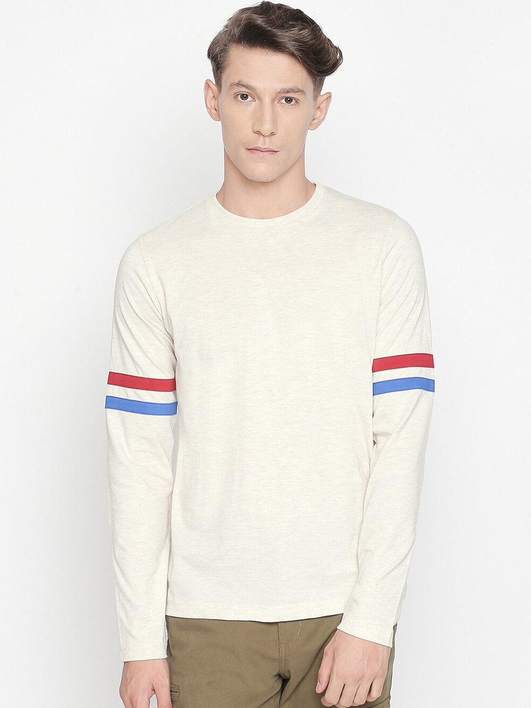 Basics Men Beige Solid Cotton Round Neck T-shirt