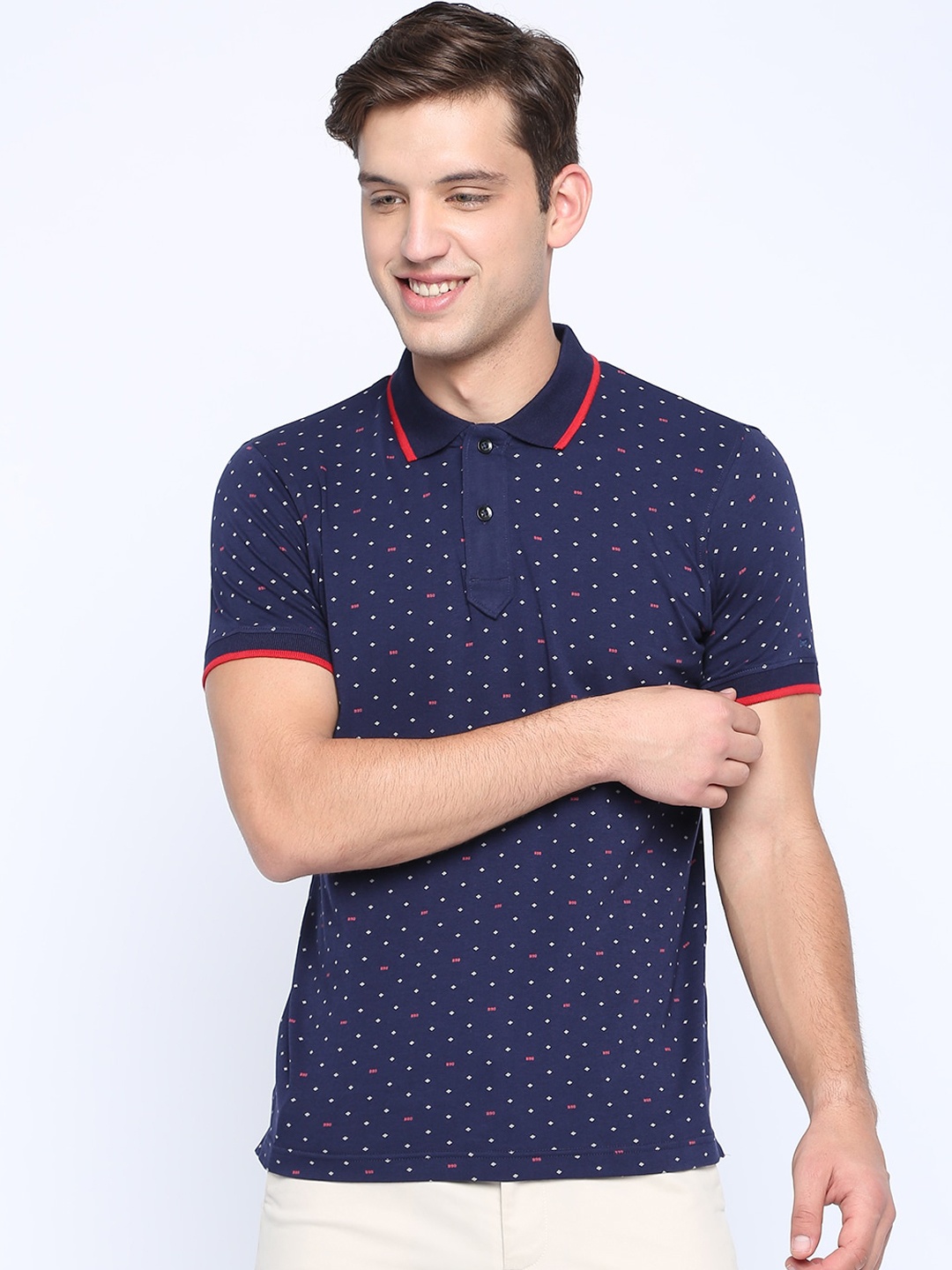 

Basics Men Navy Blue Printed Polo Collar T-shirt