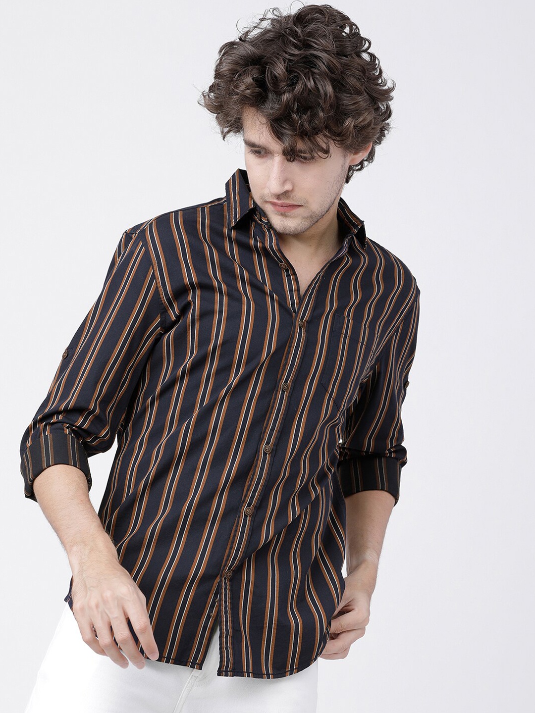 

LOCOMOTIVE Men Navy Blue & Brown Slim Fit Striped Cotton Casual Shirt