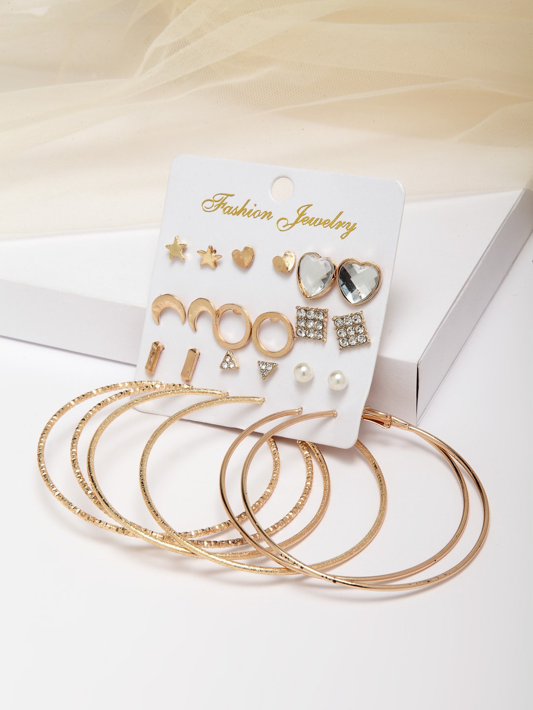 

Shining Diva Fashion Set Of 9 Studs Hoops Earrings, Gold