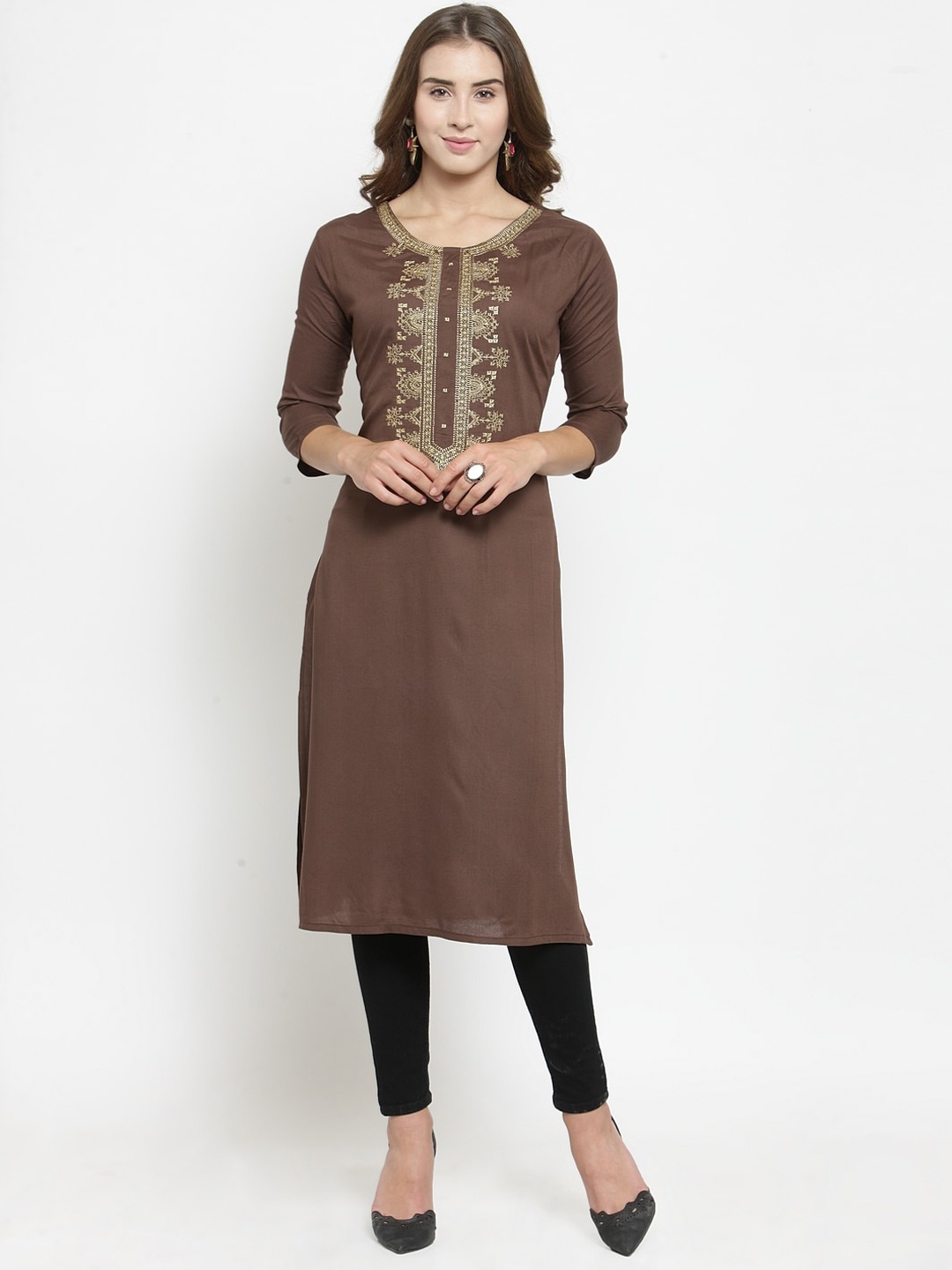 

Purple State Women Brown & Black Yoke Design Kurta with Black Solid Leggings