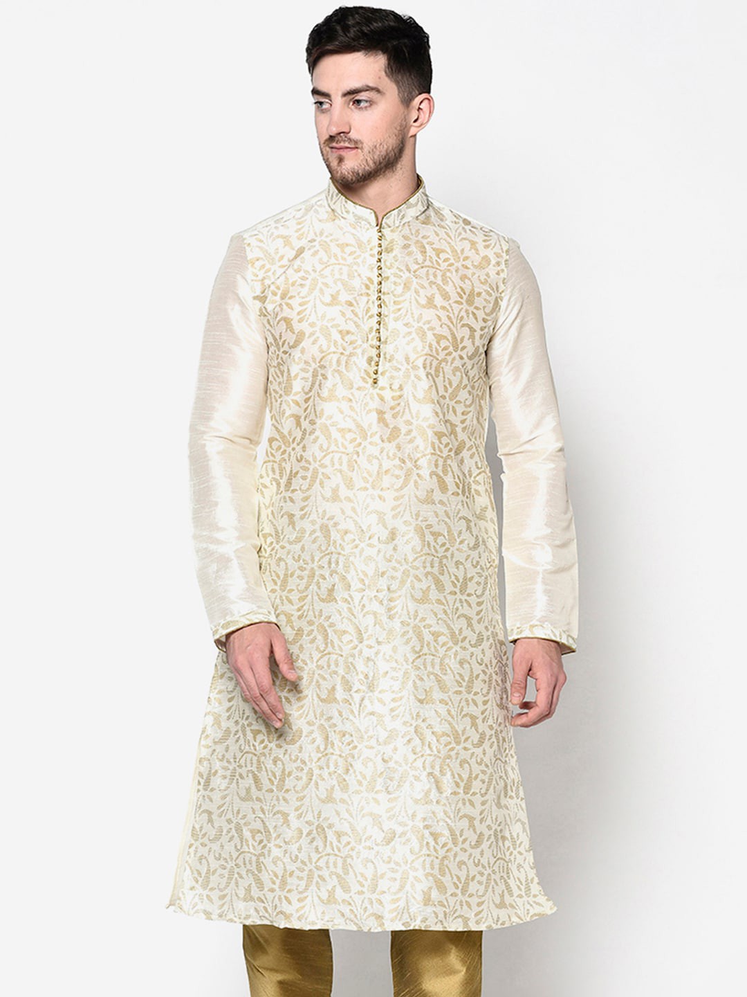 

DEYANN Men Off White & Golden Ethnic Motifs Mandarin Collar A-Line Kurta
