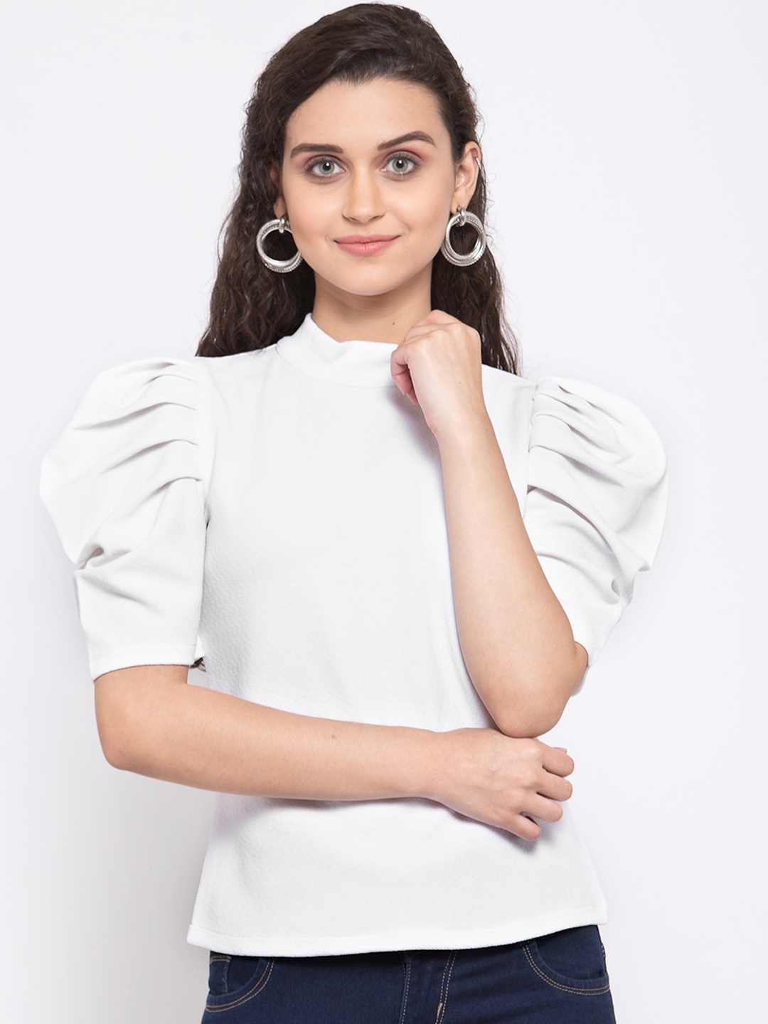 

Zastraa White Solid Top with Puff-Sleeves