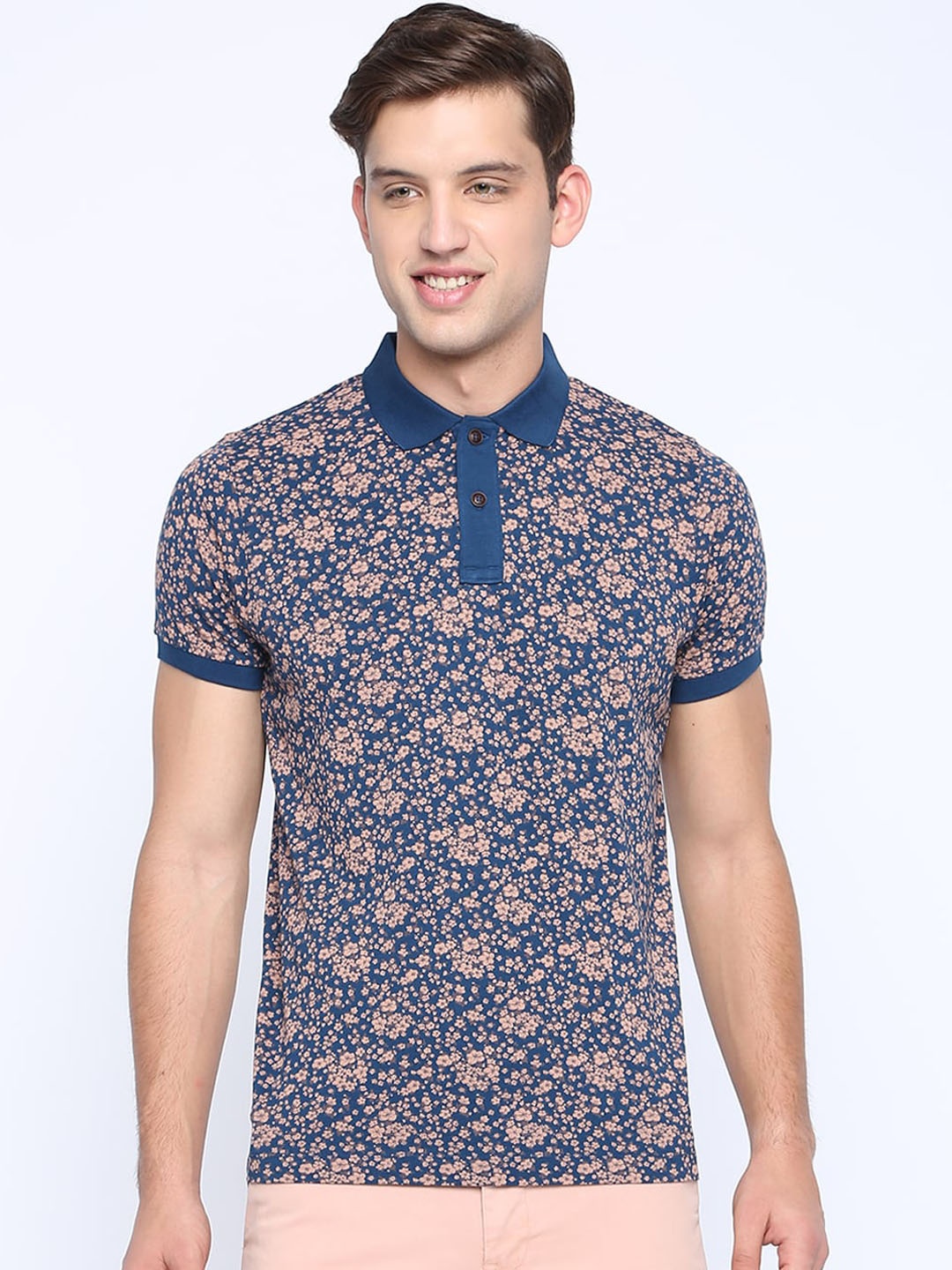 

Basics Men Navy Blue Printed Polo Collar T-shirt
