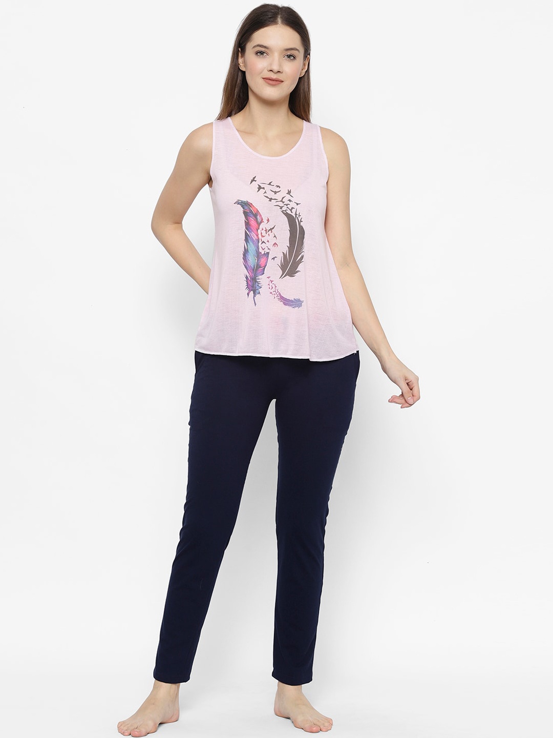 

VIMAL JONNEY Women Pink & Navy Blue Printed Night suit