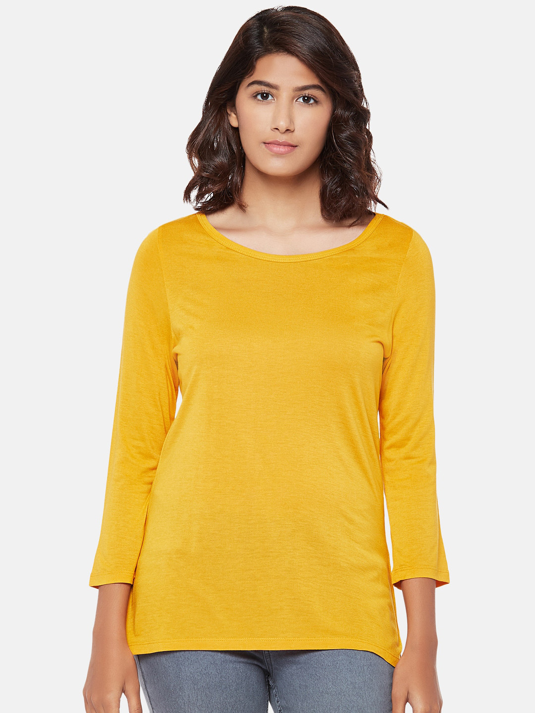 

People Women Mustard Yellow Solid Boat Neck T-shirt